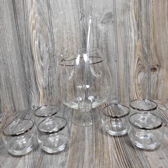 Vintage Brandy Snifter Cocktail Pitcher 6 Roly Poly Tumblers Swizzle, Silver Rim - Picture 2 of 8